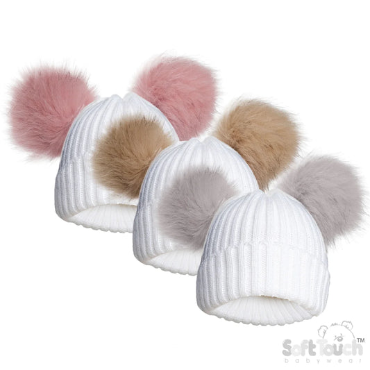 Embroidered Double Pom Pom Ribbed Hat